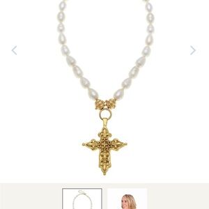 Susan Shaw Gold Fleur Cross Pearl Necklace